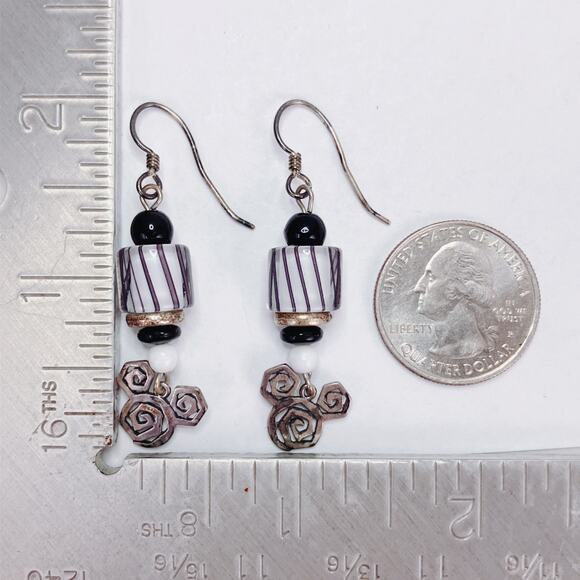 Sterling Silver Modernist Drop Earrings with Striped Black and White Glass Beads - Picture 10 of 11